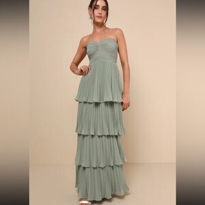 Lulu’s Seriously Sensational Sage Brush Strapless Tiered Maxi Dress